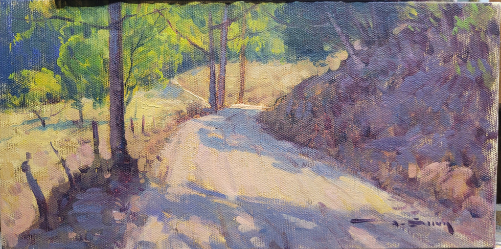 Pintura a óleo original "Luz na curva da estrada", 15x30cm, óleo, *SEM MOLDURA*